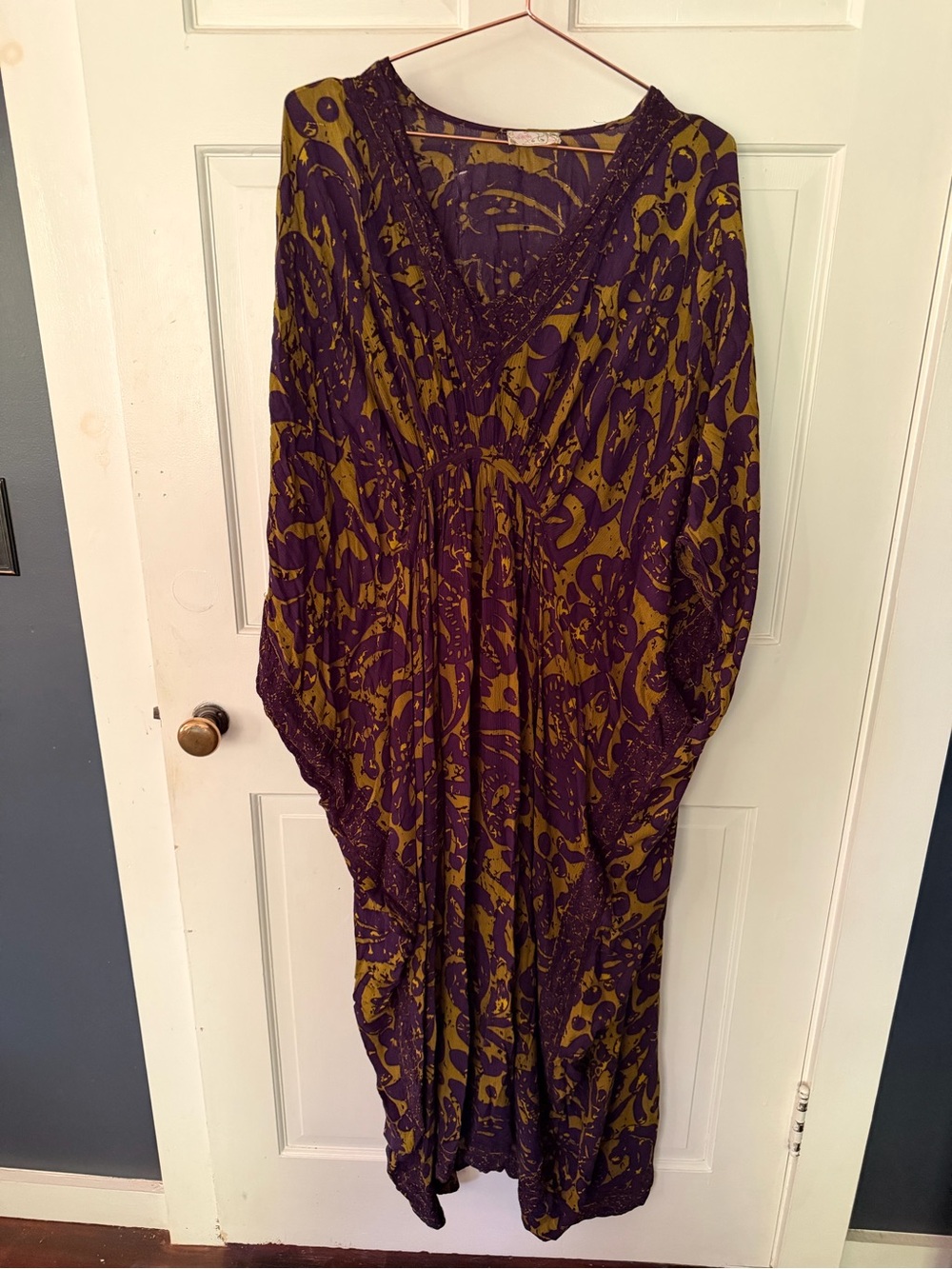 We The Free Olive & Deep Purple Boho V-Neck Maxi Dress